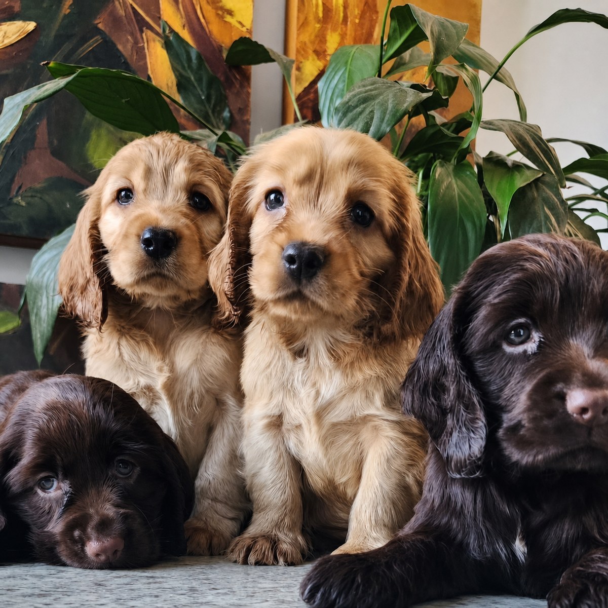 Quatro filhotes de Cocker Spaniel Inglês em cores dourada e chocolate
